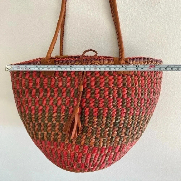 Jute Woven Colorful Rounded Bag Leather Straps Natural Grass Summer Beach - Picture 2 of 10